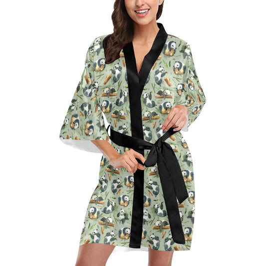 Panda Bear Design Bamboo Print Women Short Kimono Robe