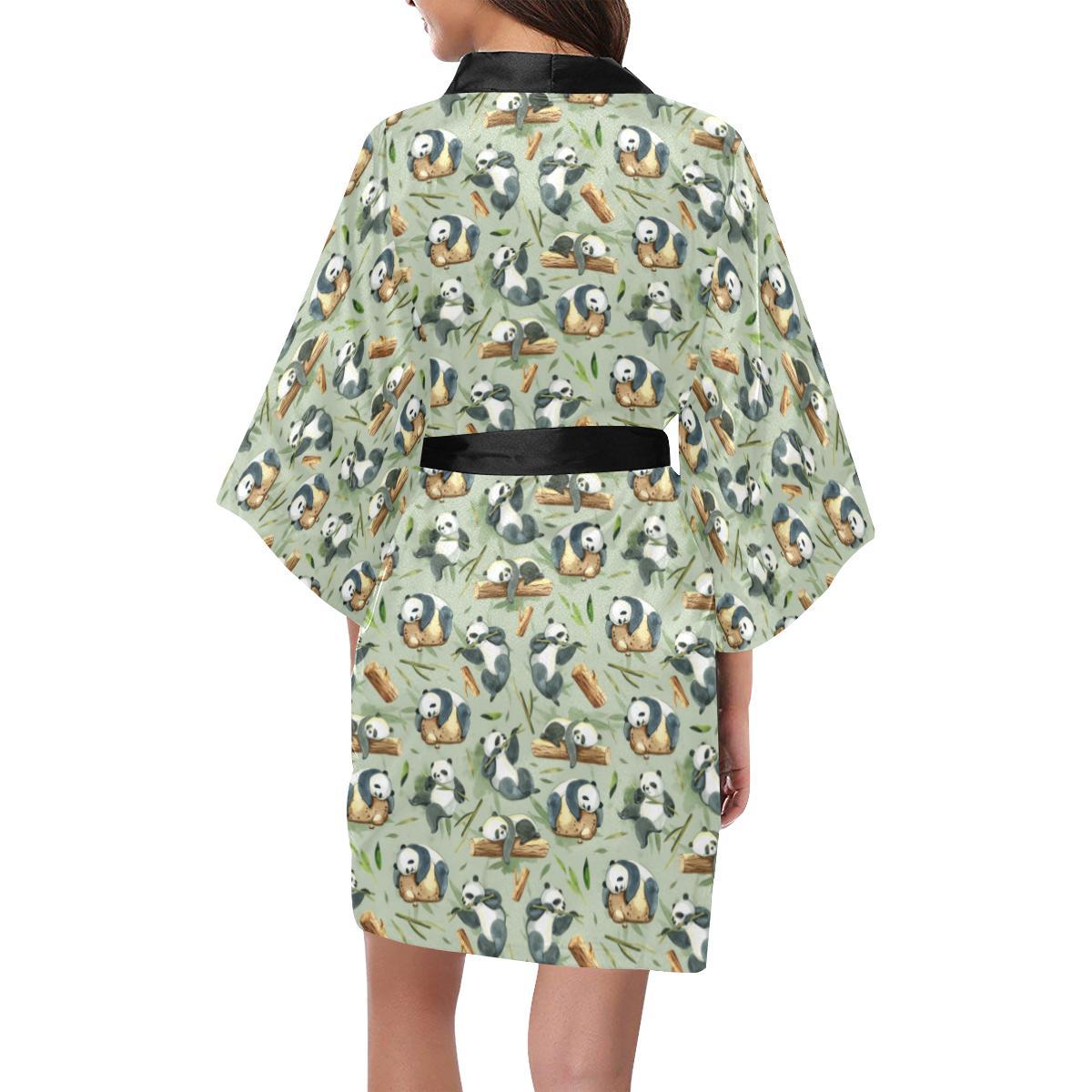 Panda Bear Design Bamboo Print Women Short Kimono Robe