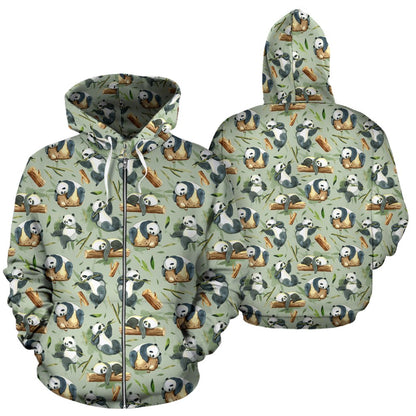 Panda Bear Design Bamboo Print Zip Up Hoodie