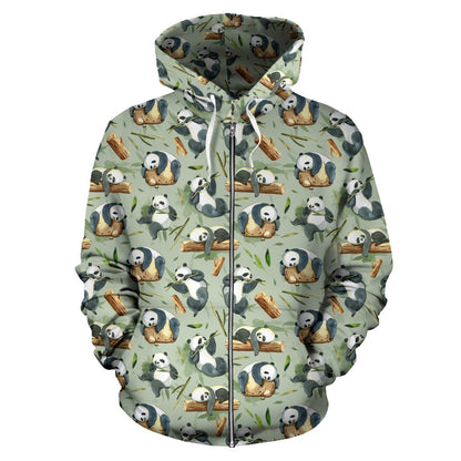 Panda Bear Design Bamboo Print Zip Up Hoodie