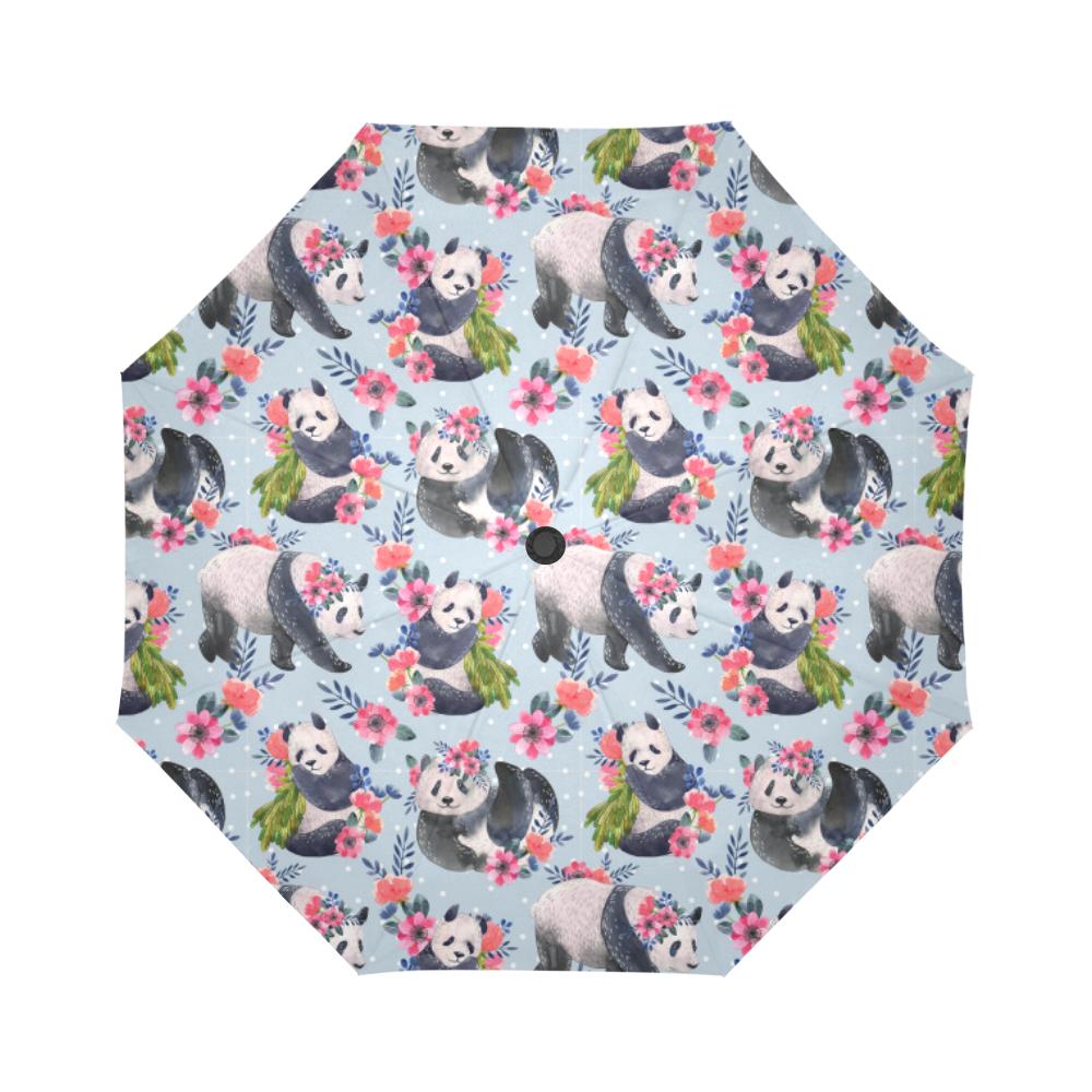 Panda Bear Flower Design Themed Print Automatic Foldable Umbrella