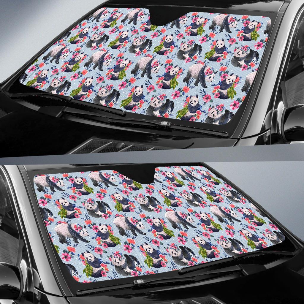 Panda Bear Flower Design Themed Print Car Sun Shade For Windshield