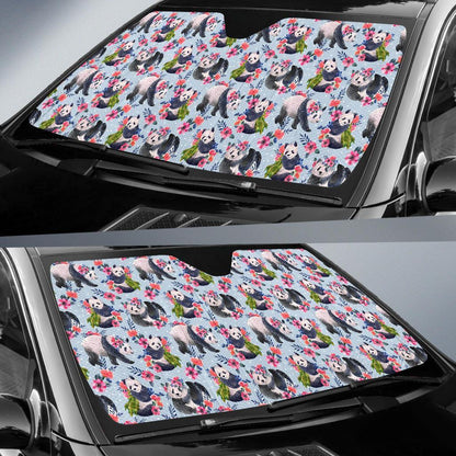 Panda Bear Flower Design Themed Print Car Sun Shade For Windshield