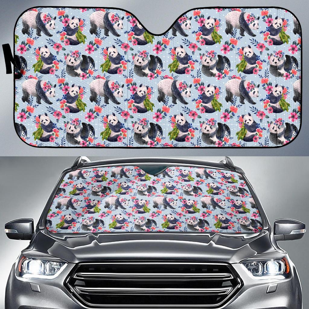 Panda Bear Flower Design Themed Print Car Sun Shade For Windshield