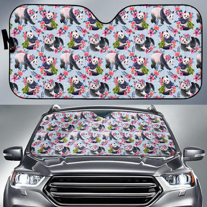 Panda Bear Flower Design Themed Print Car Sun Shade For Windshield