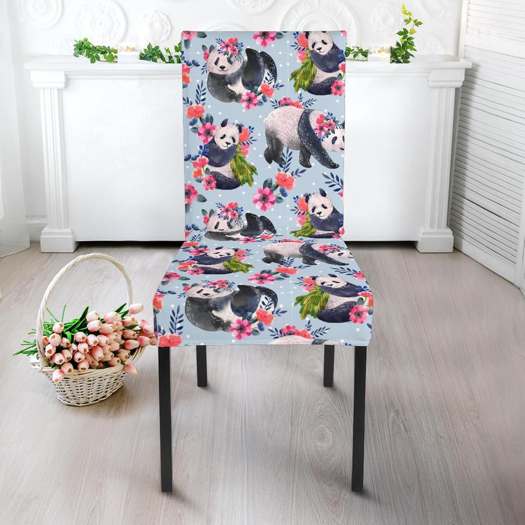 Panda Bear Flower Design Themed Print Dining Chair Slipcover-JTAMIGO.COM