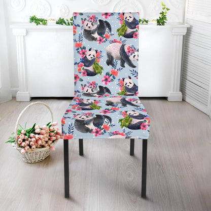 Panda Bear Flower Design Themed Print Dining Chair Slipcover-JTAMIGO.COM