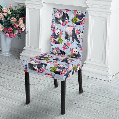 Panda Bear Flower Design Themed Print Dining Chair Slipcover-JTAMIGO.COM