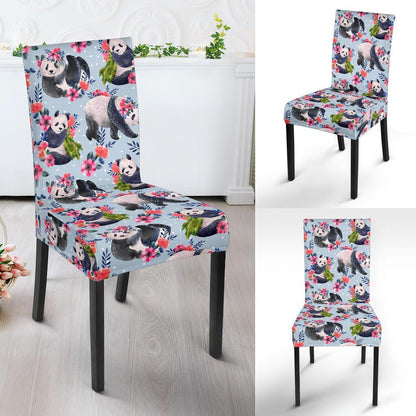 Panda Bear Flower Design Themed Print Dining Chair Slipcover-JTAMIGO.COM