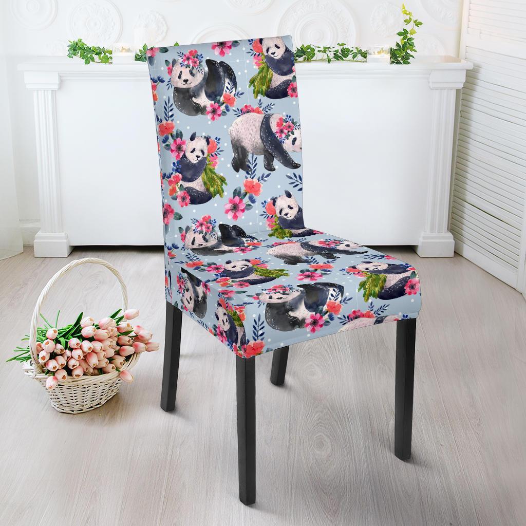 Panda Bear Flower Design Themed Print Dining Chair Slipcover-JTAMIGO.COM