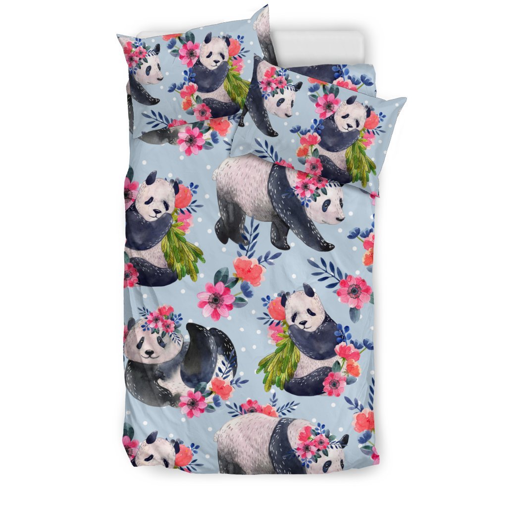 Panda Bear Flower Design Themed Print Duvet Cover Bedding Set