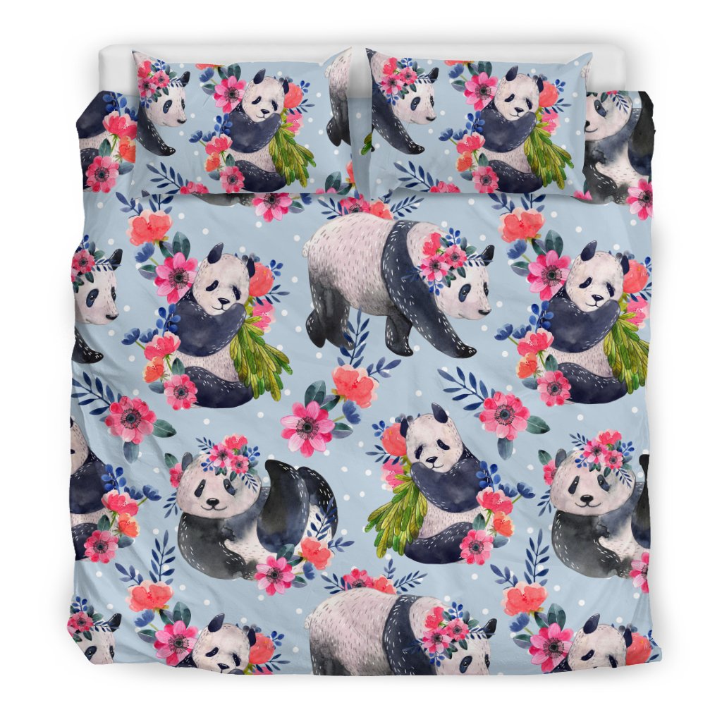 Panda Bear Flower Design Themed Print Duvet Cover Bedding Set