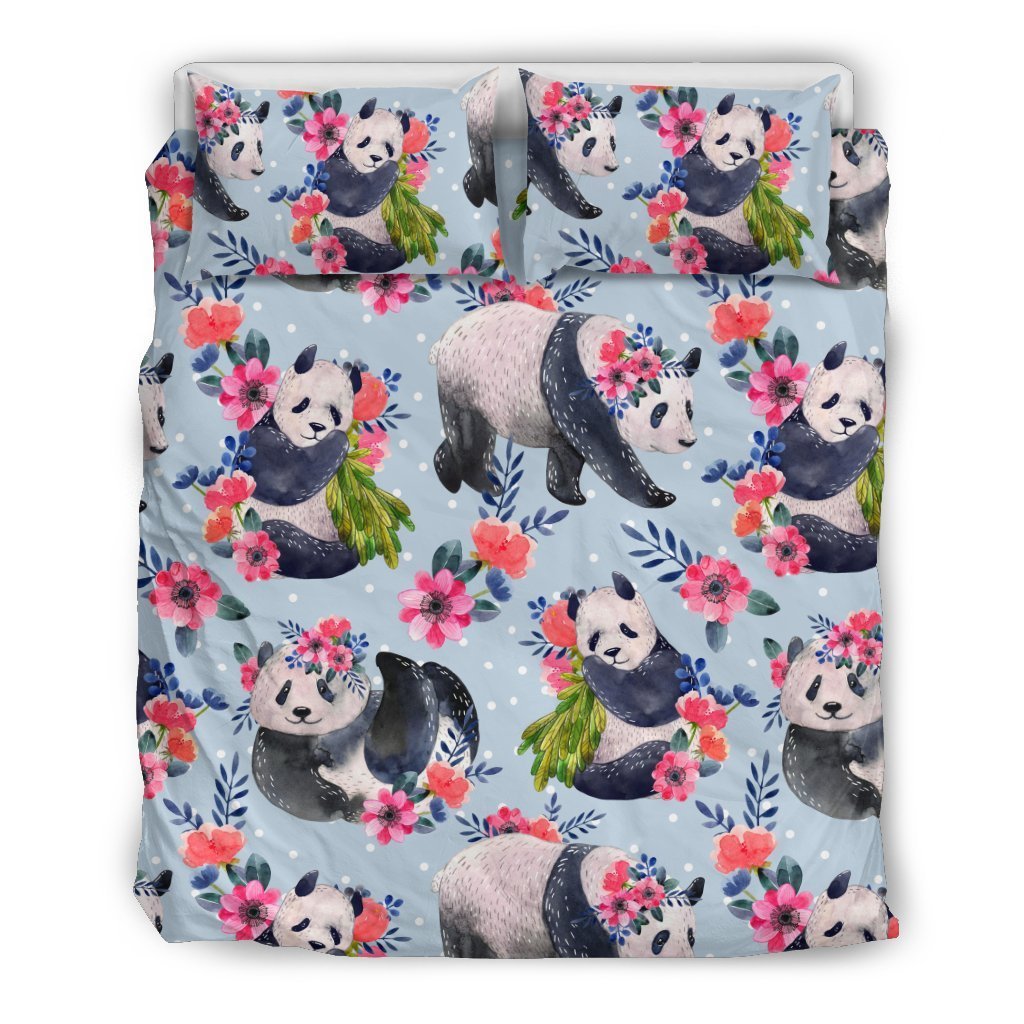 Panda Bear Flower Design Themed Print Duvet Cover Bedding Set
