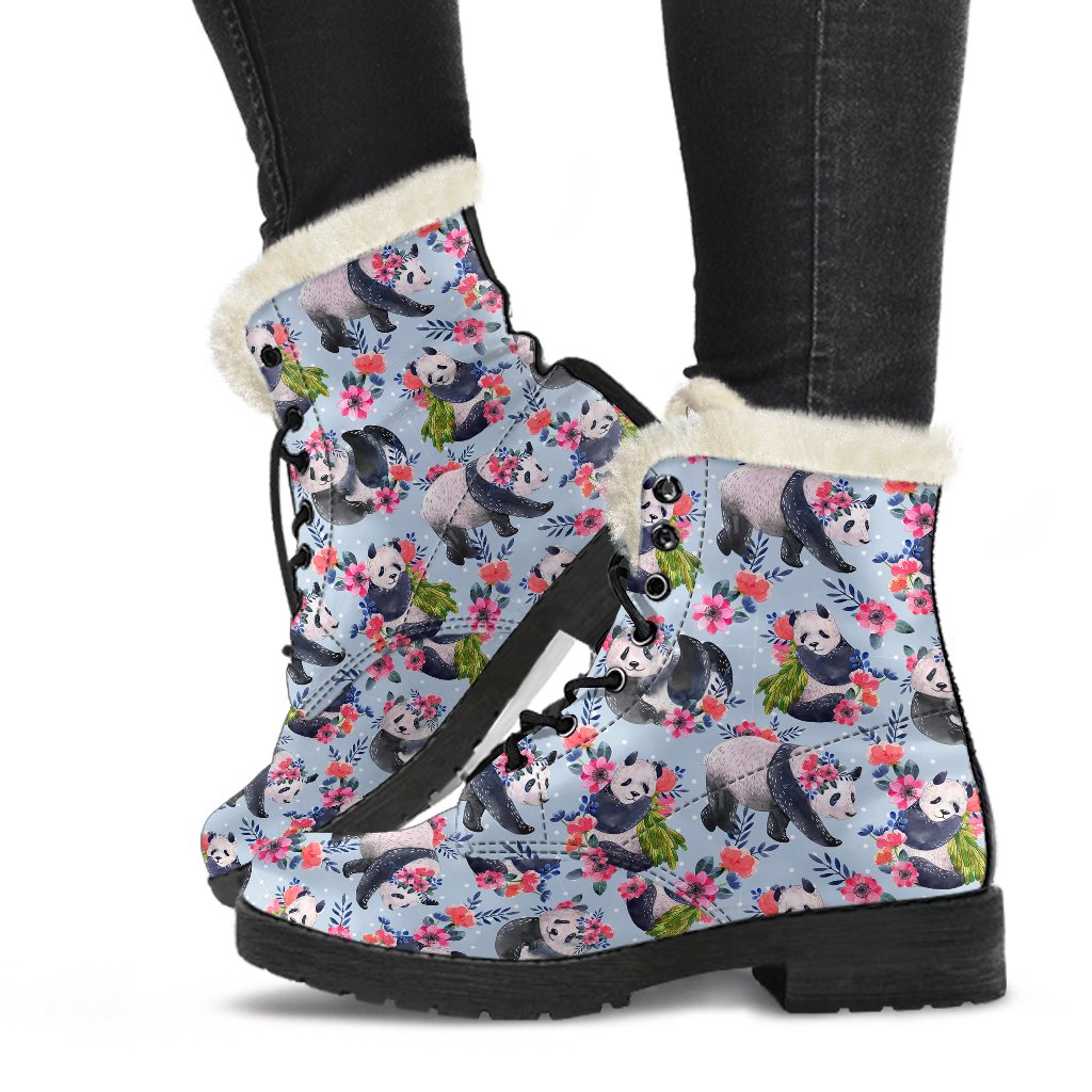 Panda Bear Flower Design Themed Print Faux Fur Leather Boots-JTAMIGO.COM