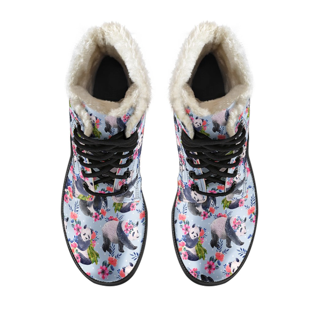 Panda Bear Flower Design Themed Print Faux Fur Leather Boots-JTAMIGO.COM