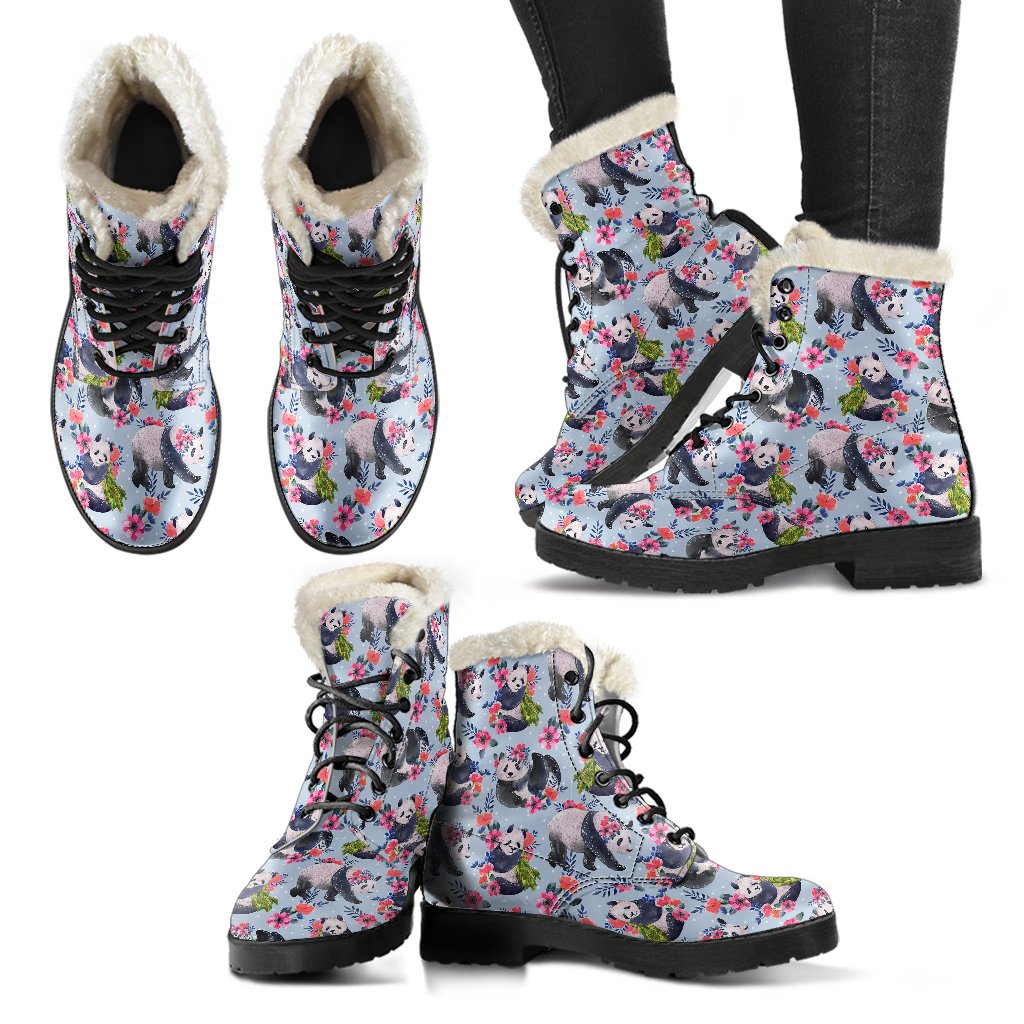 Panda Bear Flower Design Themed Print Faux Fur Leather Boots-JTAMIGO.COM