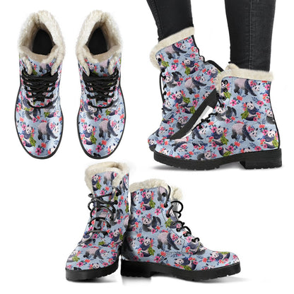 Panda Bear Flower Design Themed Print Faux Fur Leather Boots-JTAMIGO.COM