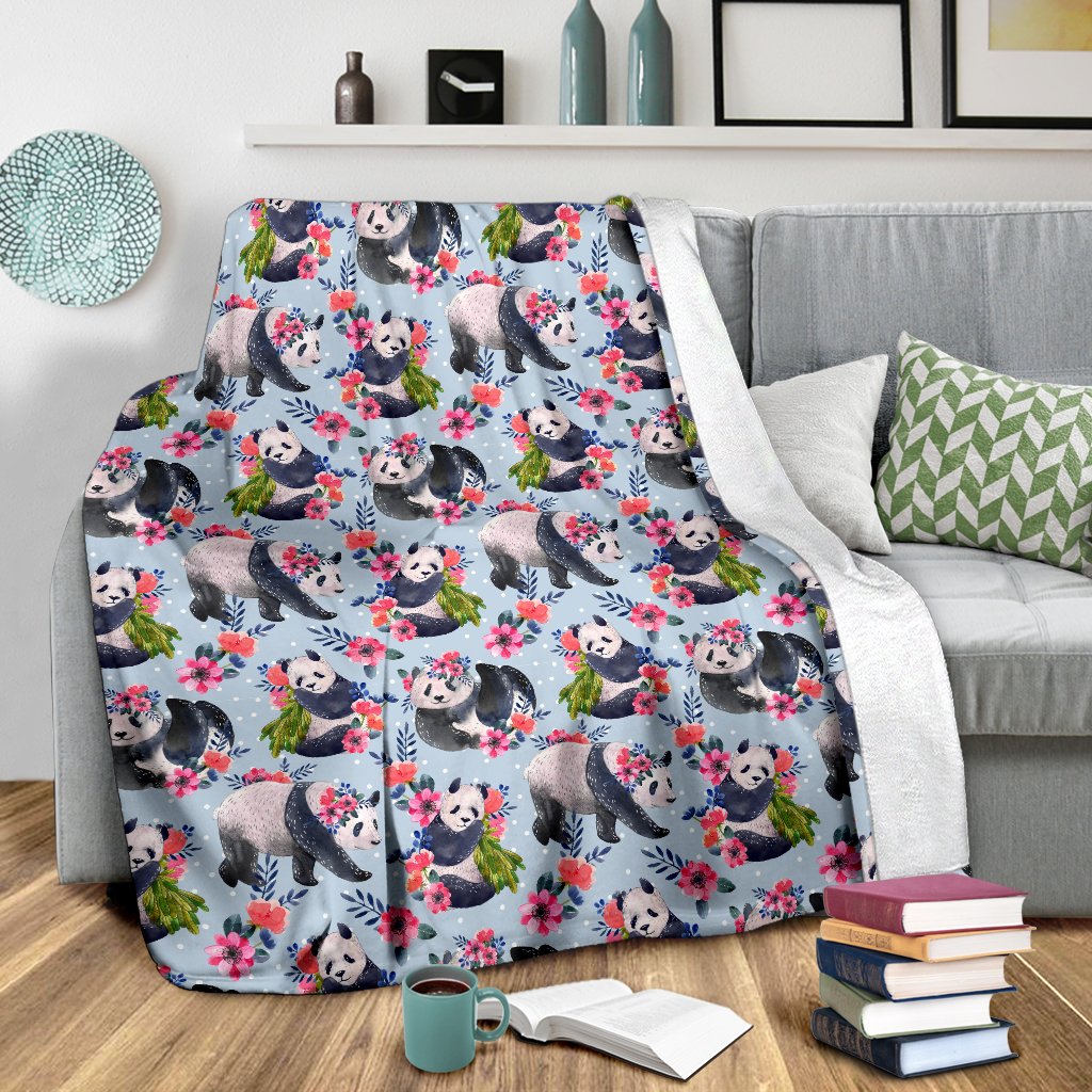 Panda Bear Flower Design Themed Print Fleece Blanket