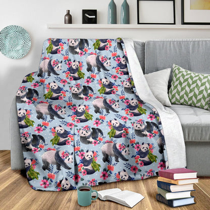 Panda Bear Flower Design Themed Print Fleece Blanket