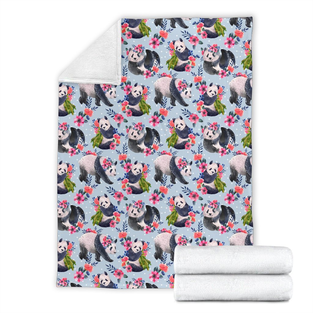 Panda Bear Flower Design Themed Print Fleece Blanket