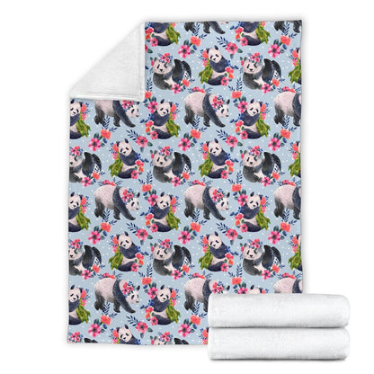Panda Bear Flower Design Themed Print Fleece Blanket