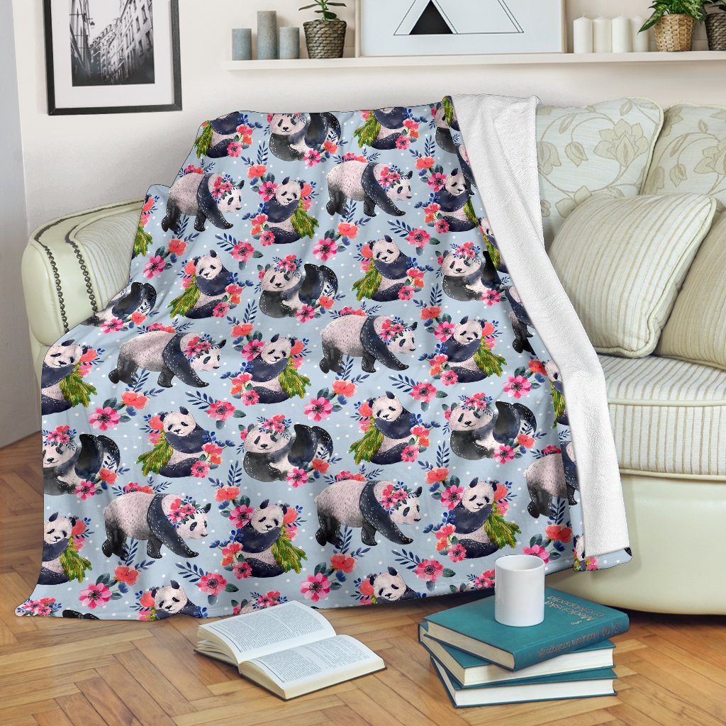 Panda Bear Flower Design Themed Print Fleece Blanket