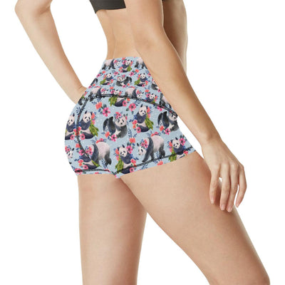 Panda Bear Flower Design Themed Print High Waisted Spandex Shorts-JTAMIGO.COM