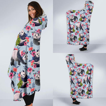 Panda Bear Flower Design Themed Print Hooded Blanket-JTAMIGO.COM