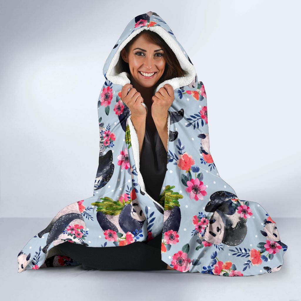 Panda Bear Flower Design Themed Print Hooded Blanket-JTAMIGO.COM