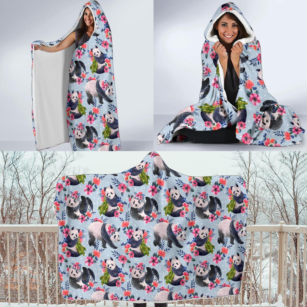 Panda Bear Flower Design Themed Print Hooded Blanket-JTAMIGO.COM