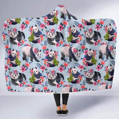 Panda Bear Flower Design Themed Print Hooded Blanket-JTAMIGO.COM