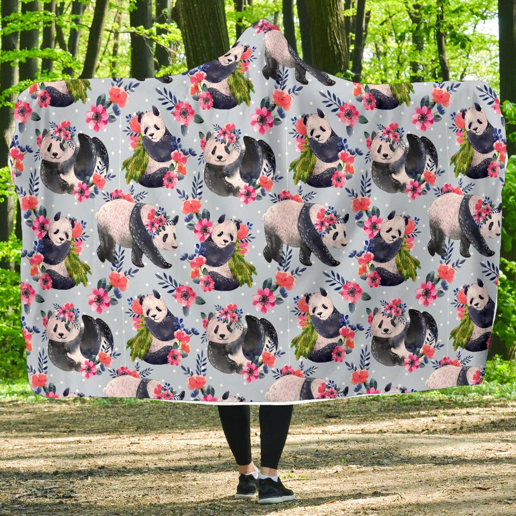 Panda Bear Flower Design Themed Print Hooded Blanket-JTAMIGO.COM