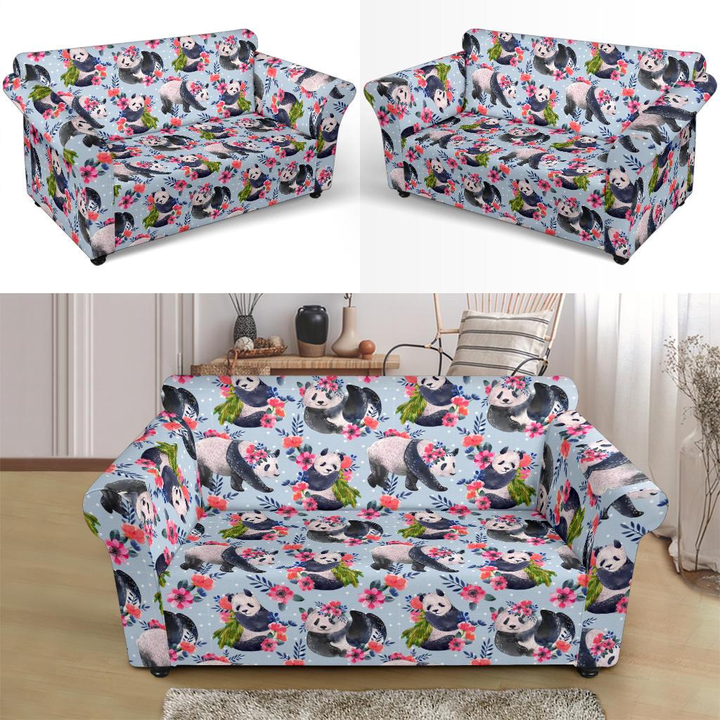 Panda Bear Flower Design Themed Print Loveseat Slipcover-JTAMIGO.COM
