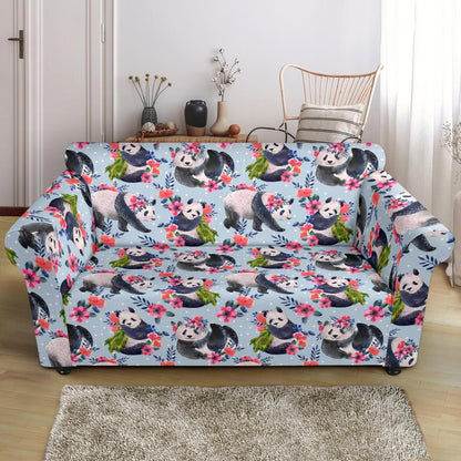 Panda Bear Flower Design Themed Print Loveseat Slipcover-JTAMIGO.COM