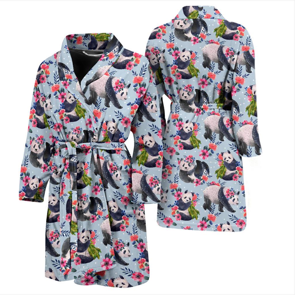 Panda Bear Flower Design Themed Print Men Bath Robe-JTAMIGO.COM