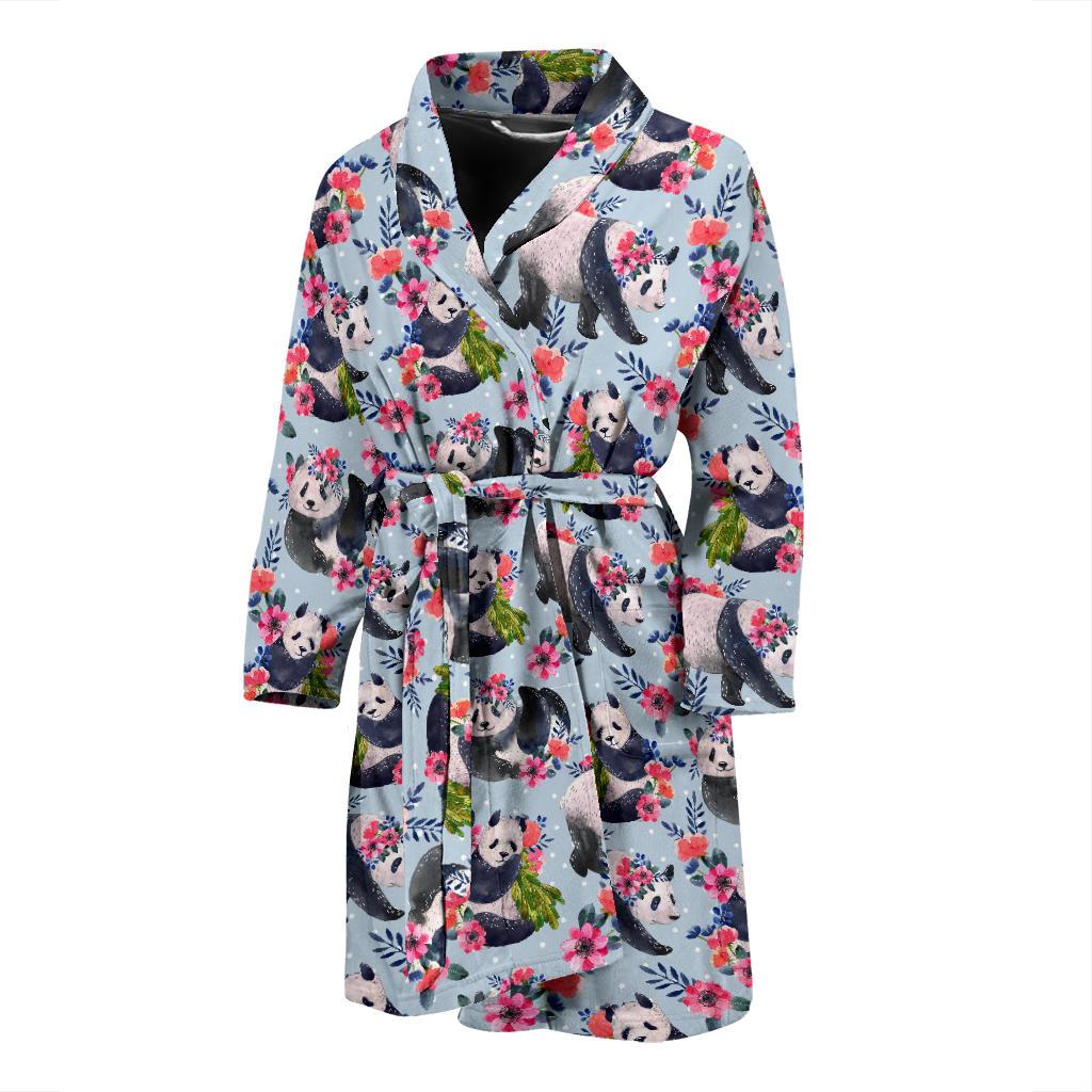 Panda Bear Flower Design Themed Print Men Bath Robe-JTAMIGO.COM