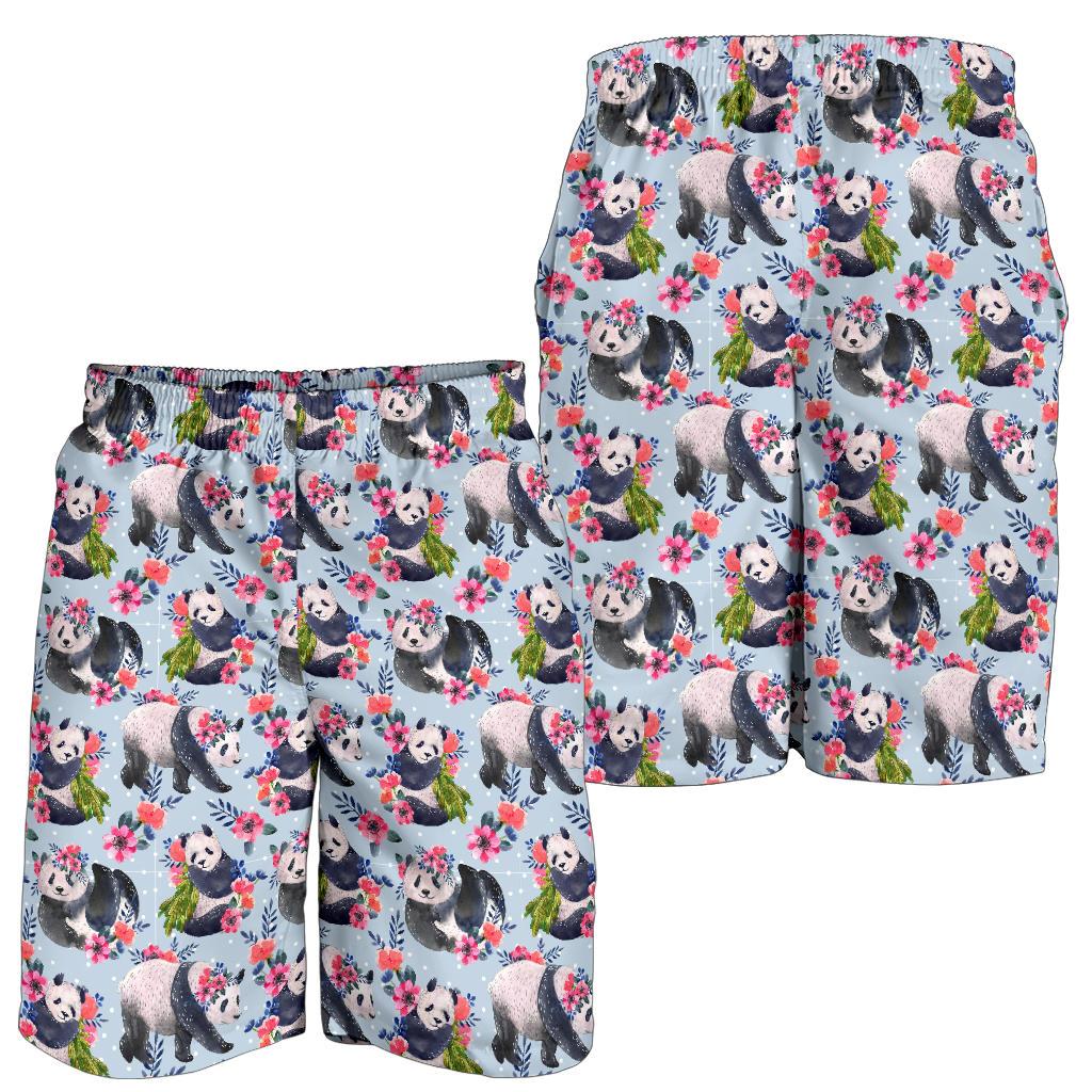 Panda Bear Flower Design Themed Print Mens Shorts-JTAMIGO.COM