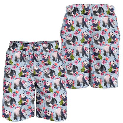 Panda Bear Flower Design Themed Print Mens Shorts-JTAMIGO.COM