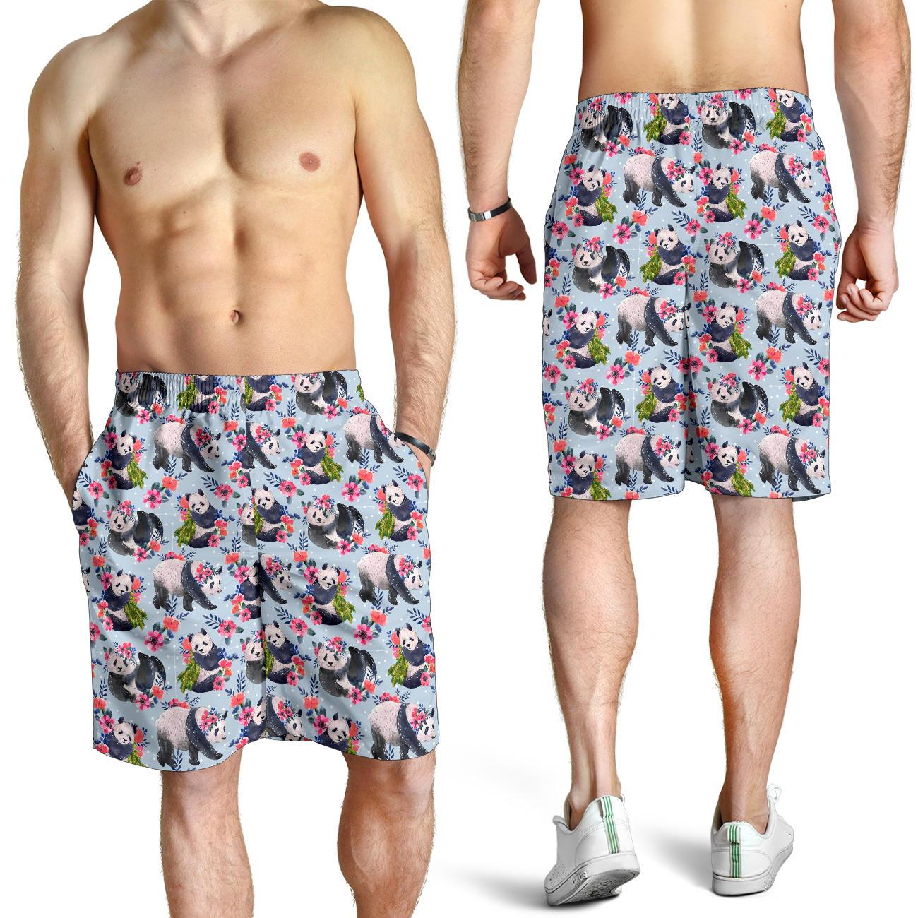 Panda Bear Flower Design Themed Print Mens Shorts-JTAMIGO.COM