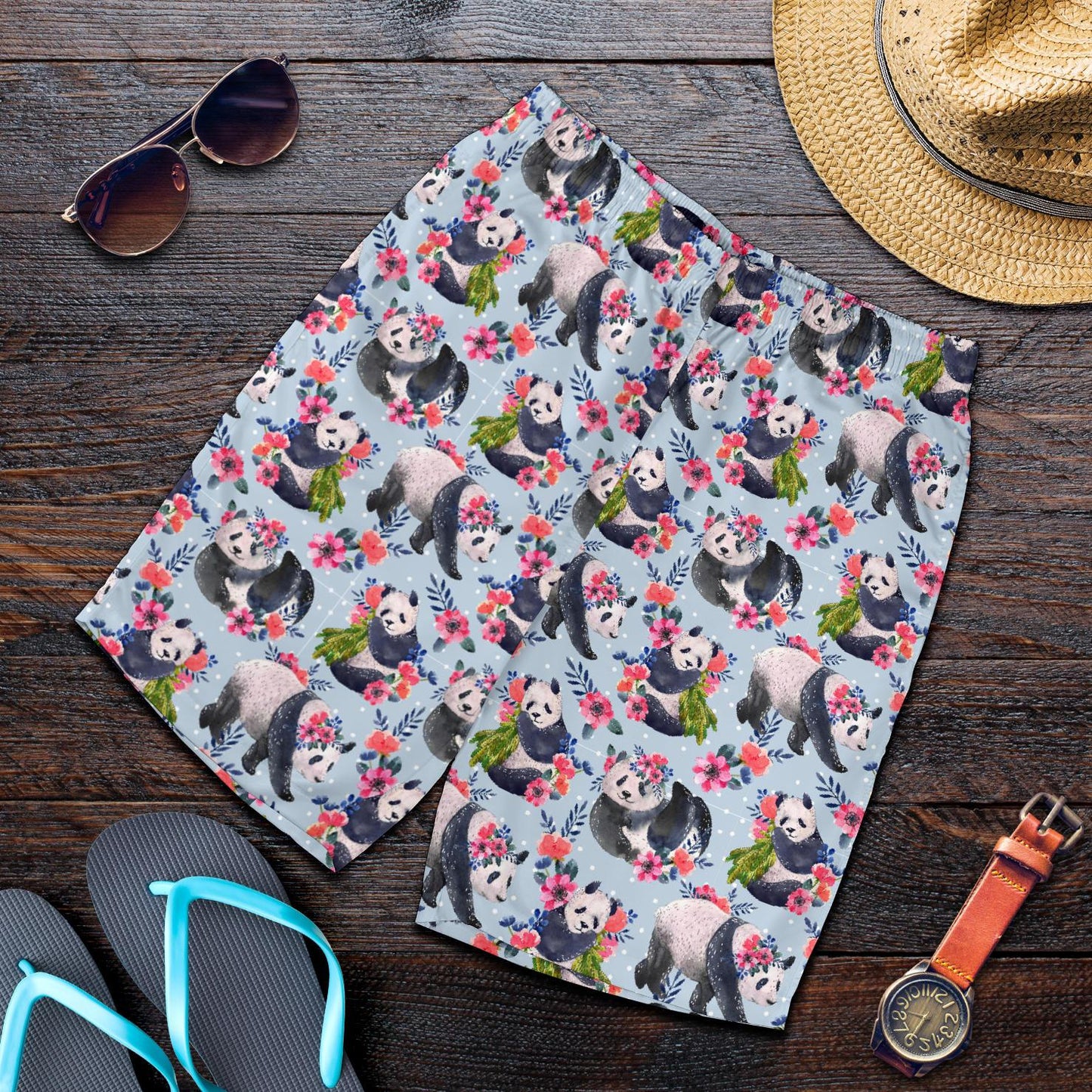 Panda Bear Flower Design Themed Print Mens Shorts-JTAMIGO.COM
