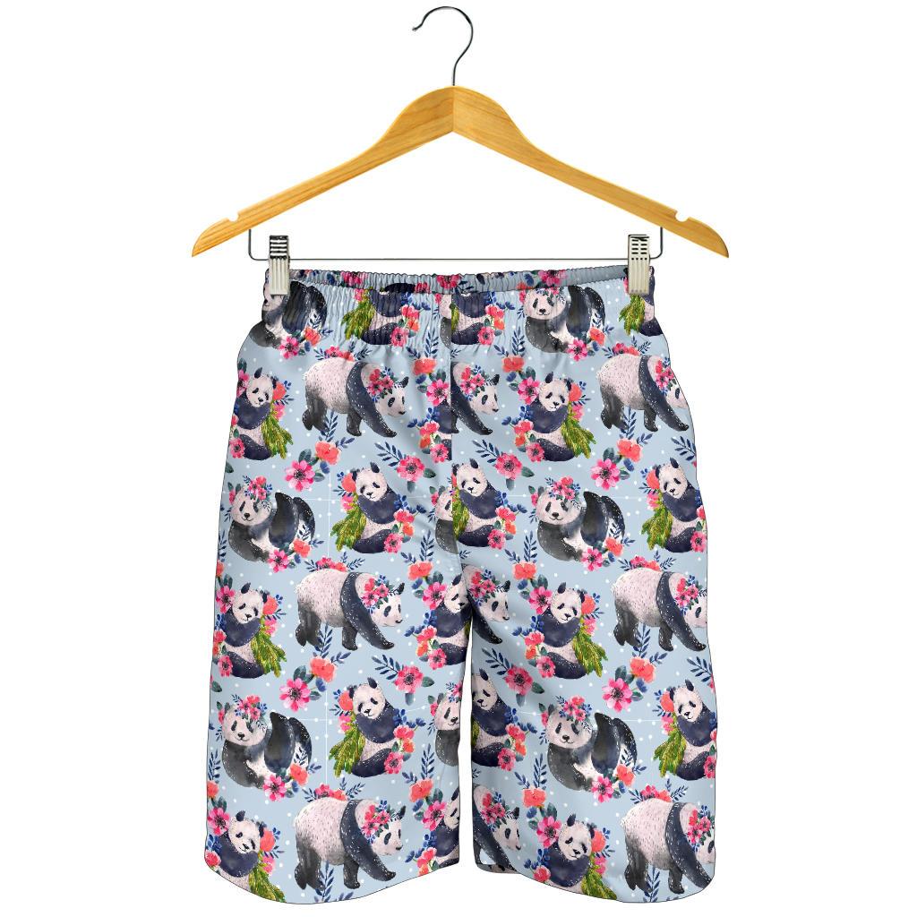 Panda Bear Flower Design Themed Print Mens Shorts-JTAMIGO.COM