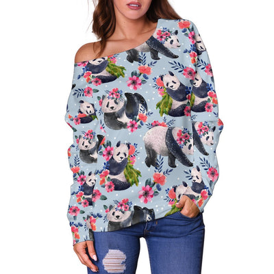 Panda Bear Flower Design Themed Print Off Shoulder Sweatshirt