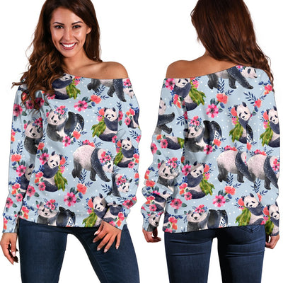 Panda Bear Flower Design Themed Print Off Shoulder Sweatshirt