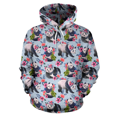 Panda Bear Flower Design Themed Print Pullover Hoodie