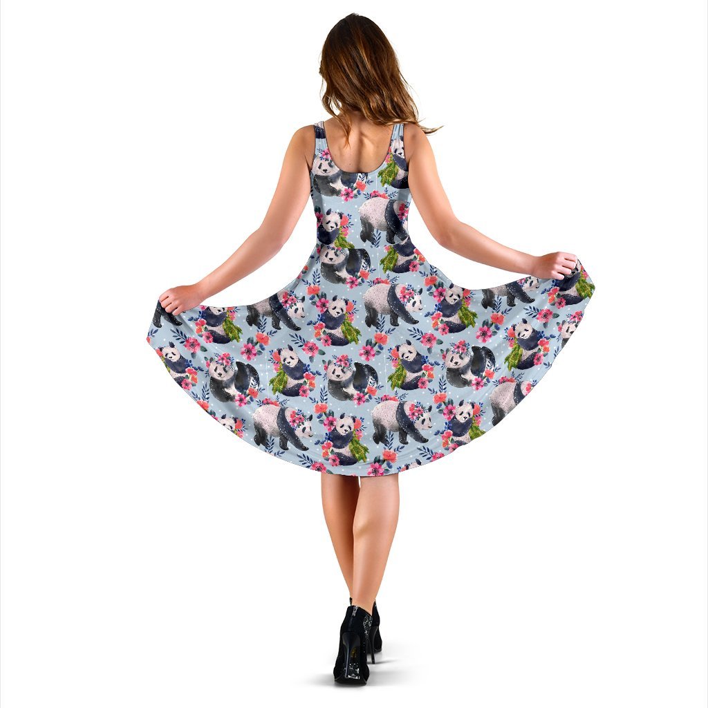 Panda Bear Flower Design Themed Print Sleeveless Dress