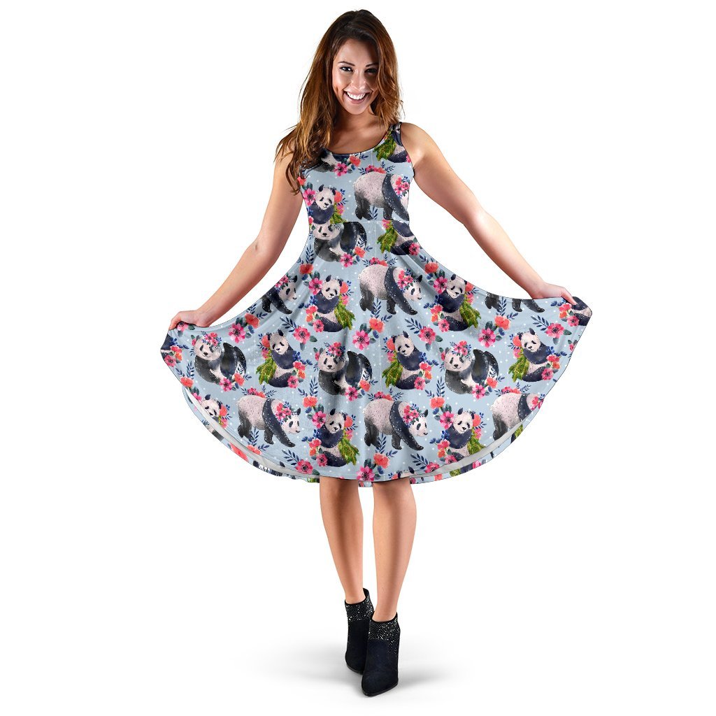 Panda Bear Flower Design Themed Print Sleeveless Dress