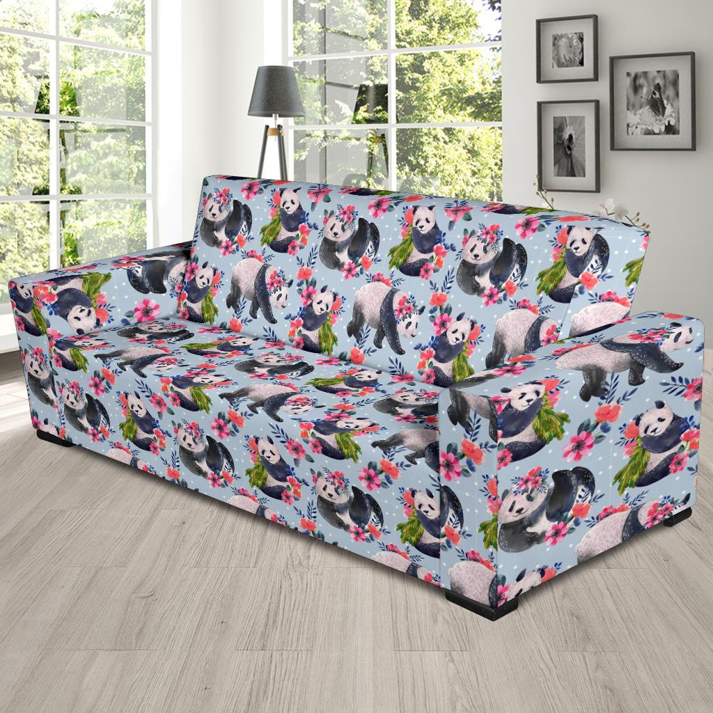 Panda Bear Flower Design Themed Print Sofa Slipcover-JTAMIGO.COM