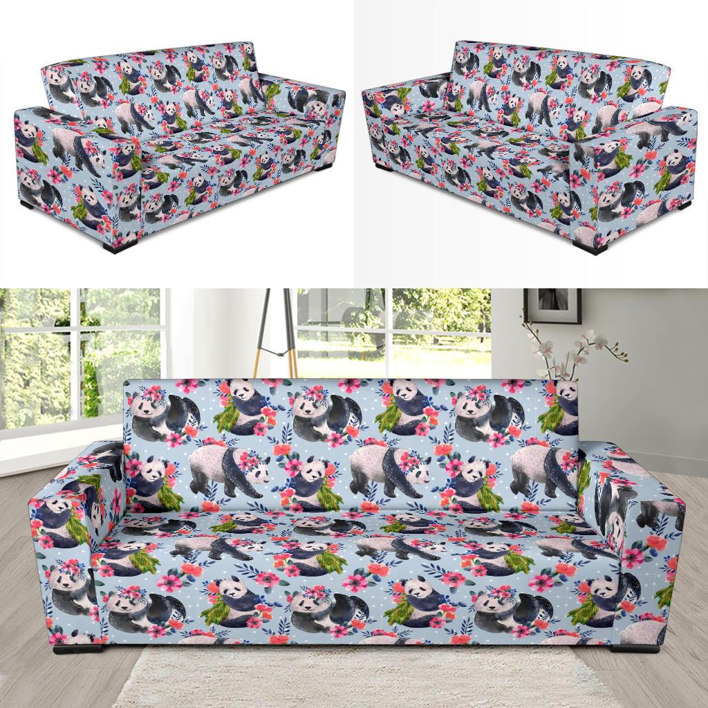 Panda Bear Flower Design Themed Print Sofa Slipcover-JTAMIGO.COM