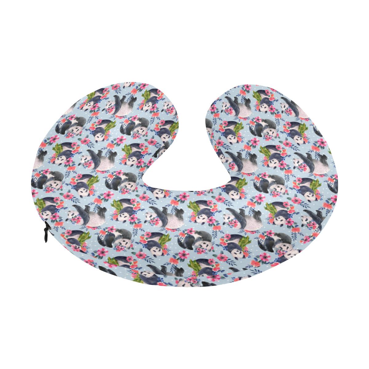 Panda Bear Flower Design Themed Print U-Shaped Travel Neck Pillow-JTAMIGO.COM