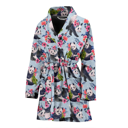 Panda Bear Flower Design Themed Print Women Bath Robe-JTAMIGO.COM